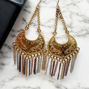 Metallic Chandelier Earrings Gold Tone Chain Fringe Copper Silver Tones